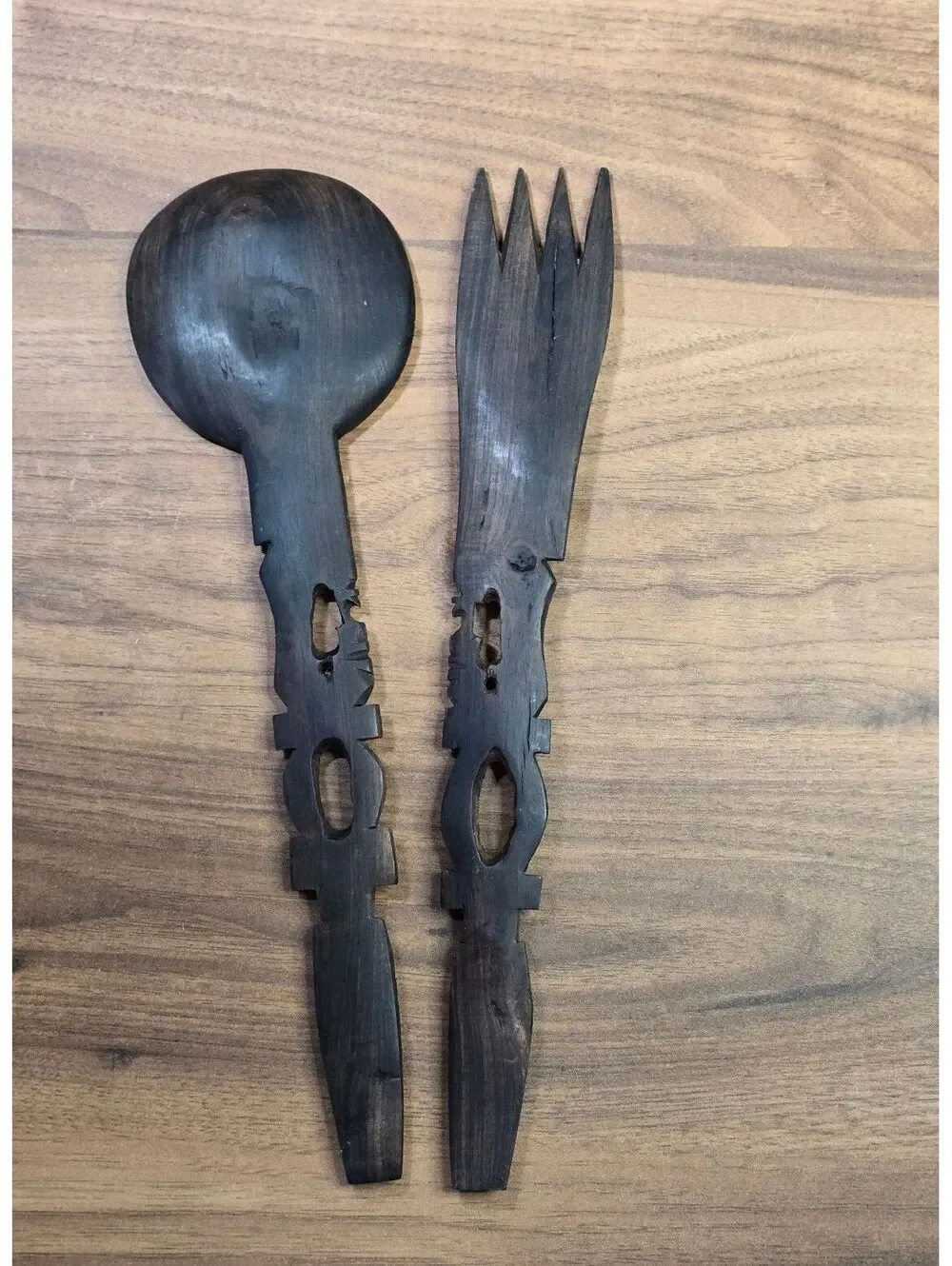 Vintage African Hand Carved Ebony Wood Salad Serving Set Fork Spoon